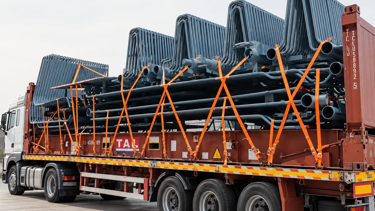 Flat-rack üzerinde turuncu lashing kayışlarıyla sabitlenmiş endüstriyel yük.